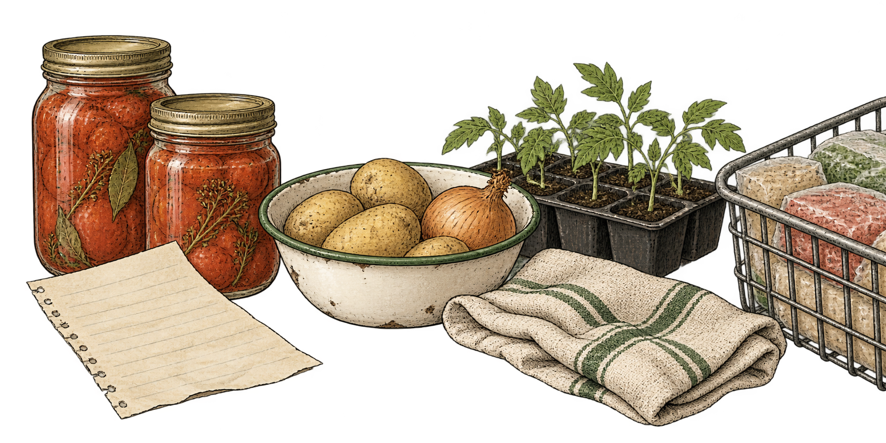 Illustration of preserved food, a grocery note, vegetables, seedlings, and a freezer basket